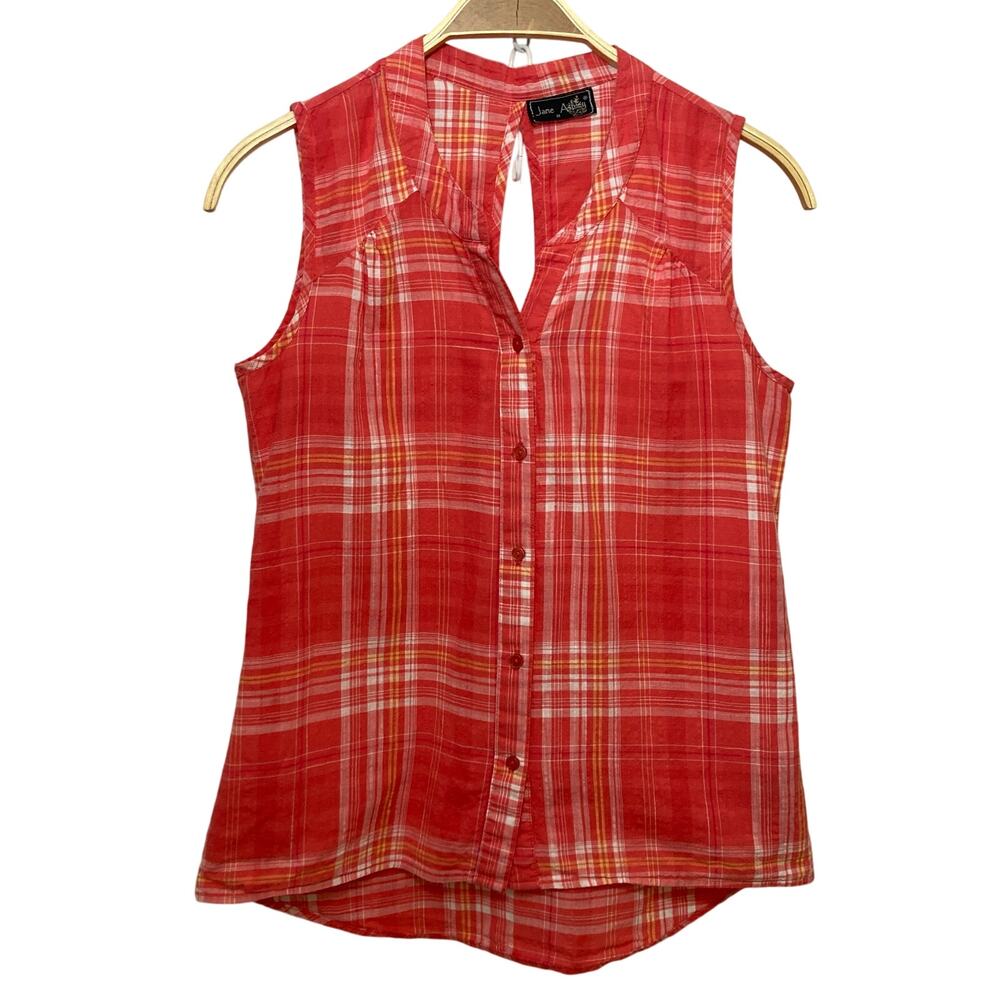 Jane Ashley Western Coral Red White Plaid Sleeveless Button Down Tank Top Medium